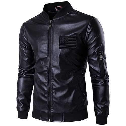 Embroidery Pockets Faux Leather Jacket