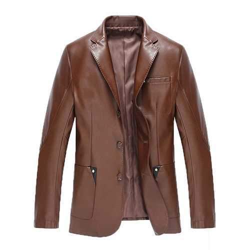 Chest Pocket Faux Leather Blazers Jacket