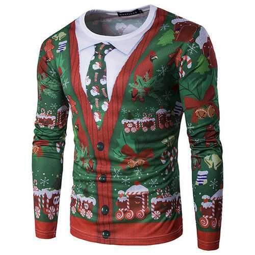 Christmas Printing Round Neck Long-sleeved T-shirt for Men