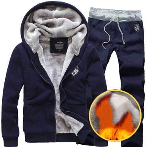 Mens Thicken Solid Casual Hooded Suit