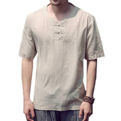 Cotton Linen Vintage Botton T Shirts