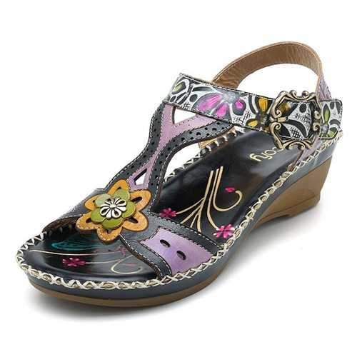 SOCOFY Bohemian Hook Loop Flat Leather Sandals