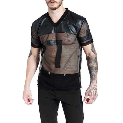 Sexy Mesh Hollow Faux Leather T Shirts