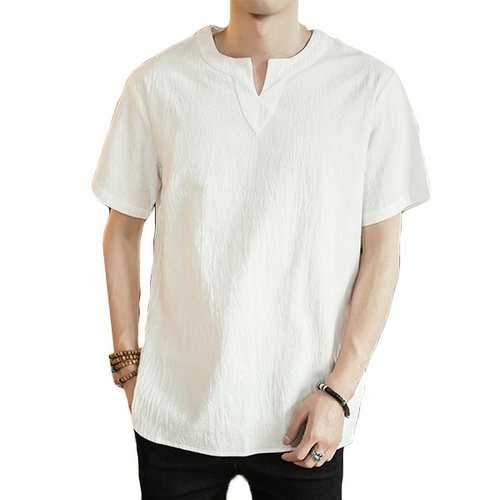 Cotton Linen Solid Color Casual T Shirts