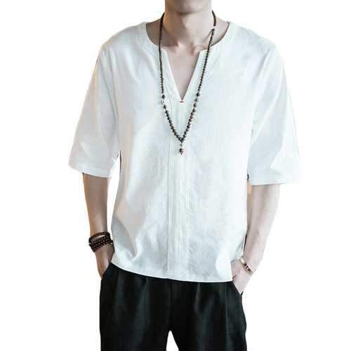 Mens Linen Pure Color T Shirt