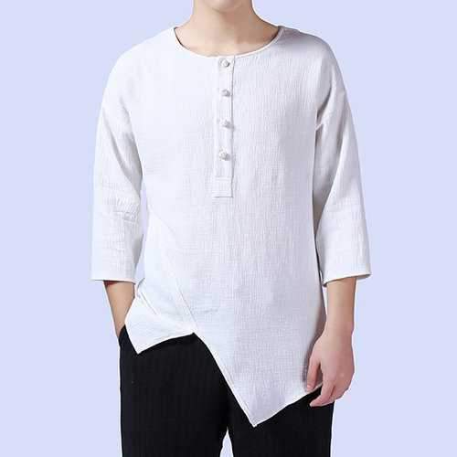 Cotton Linen Irregular Hem Buttons T Shirts