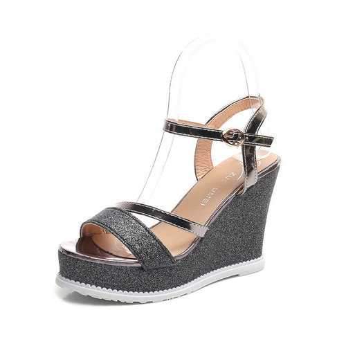 Solid Buckle Wedge Heel Sandals