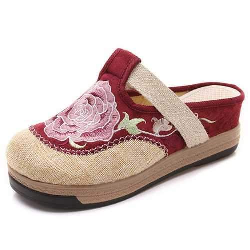 Red Flower Backless Flat Shoes