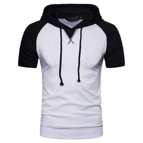 Patchwork Hooded Drawstring T Shirts