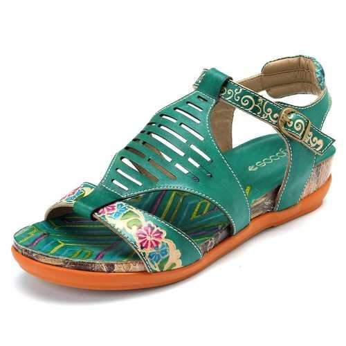 SOCOFY Bohemian Hook Loop Flat Leather Sandals