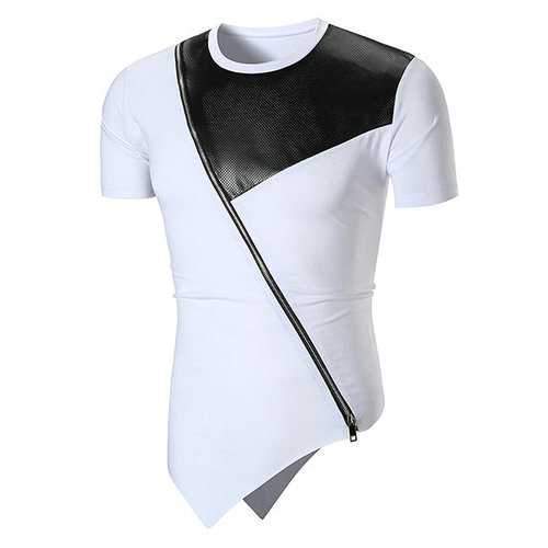 Patchwork Irregular Hem Zipper Design Cotton T Shirts