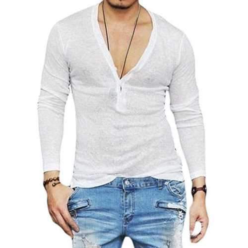 Deep V-neck Buttons Casual Cotton T shirt