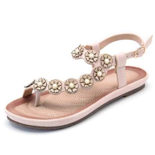 Flower Beaded Buckle Flat Sandals