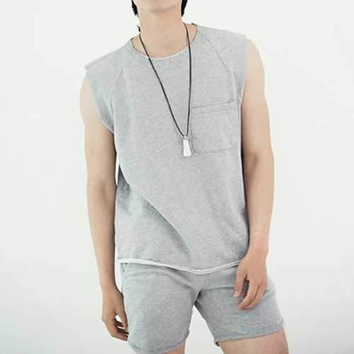 Pocket Design Solid Color Sleeveless T Shirts