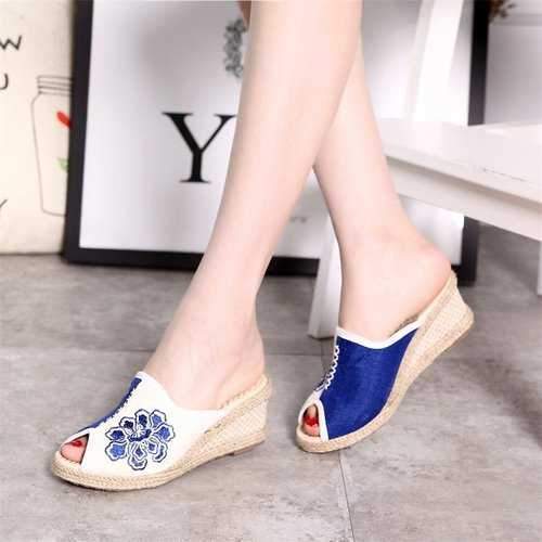 Blue Flower Cloth Wedge Sandals