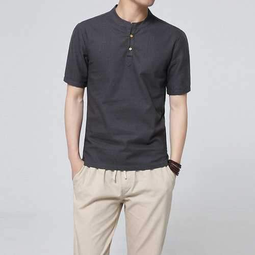 Cotton Linen Stand Collar Casual T Shirts