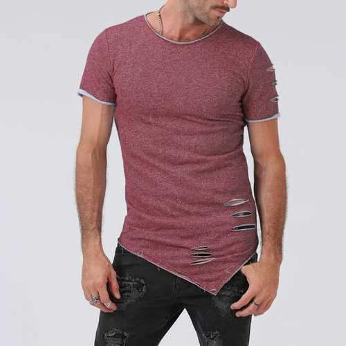 Stylish Holes Irregular Hem Casual T Shirts