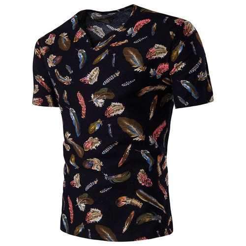 Linen Blend Feather Printed Casual T Shirts