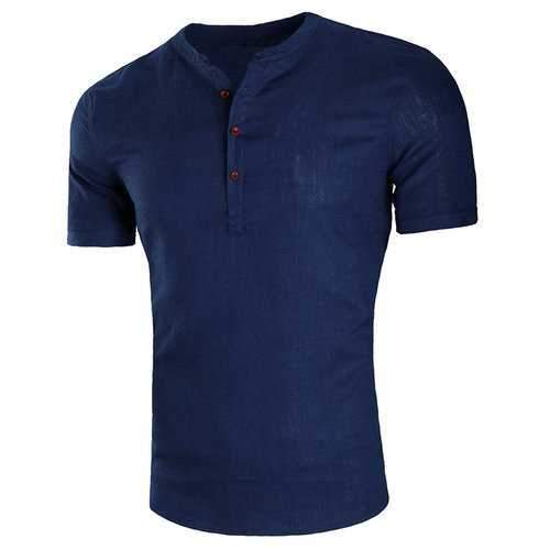 Button Design Casual Linen Solid Color T Shirts