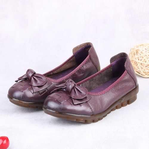 Breathable Soft Leather Bow Flats