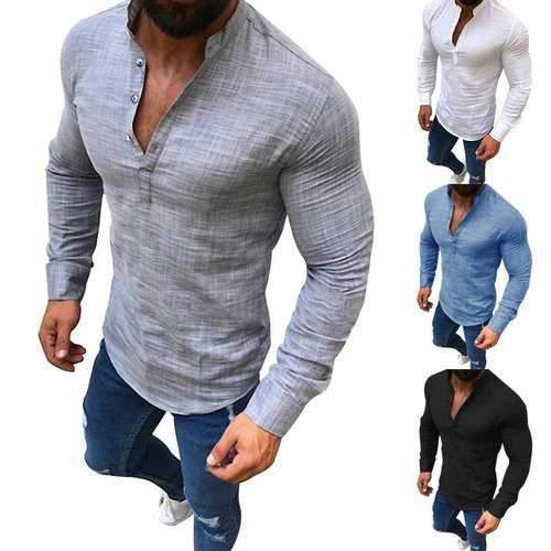 Mens Linen Long Sleeve Stand Collar T-Shirt