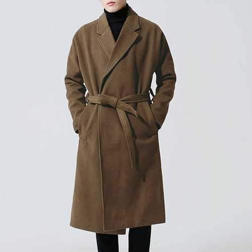 Men Woolen Belt Thicken Warm Overcoat