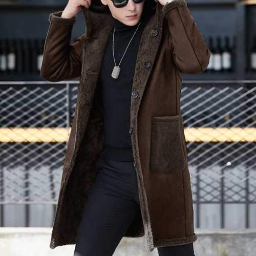 Men Double-sided Wearable  Hooded Shearling Coat