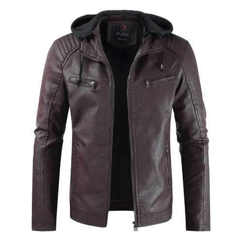 Men's Drawstring Leather Fleece Hooded Jacket