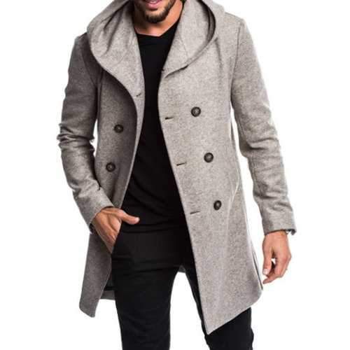 Men Hooded Solid Color Trench Coat