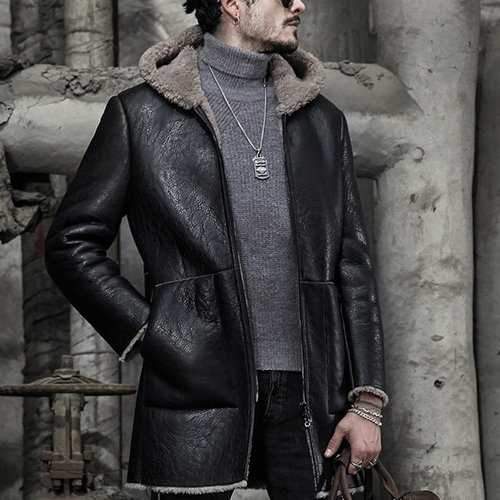 Men Casual Fleece Hooded Leather Shearling Jackets