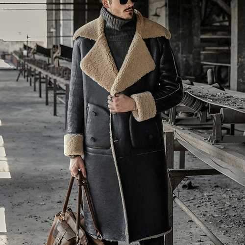 Mens Casual Mid-Long Fleece Lapel Leather Shearling Coat