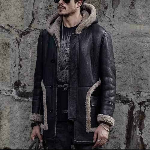 Shearling Faux Leather Hooded Overcoat Sheepskin Jacket