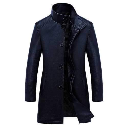 Men's Mid-Long Stand Collar PU Jacket Coat