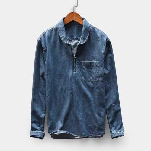 Men Turndown Collar Denim Long Sleeve T-Shirt