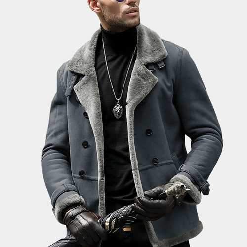 Men's Retro Sheepskin Outerwear Shearling Leather Overcoat