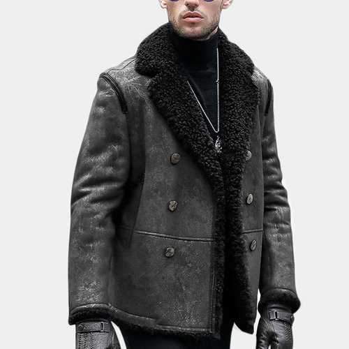 Mens PU Leather Thickened Warm Suede Pea Coat