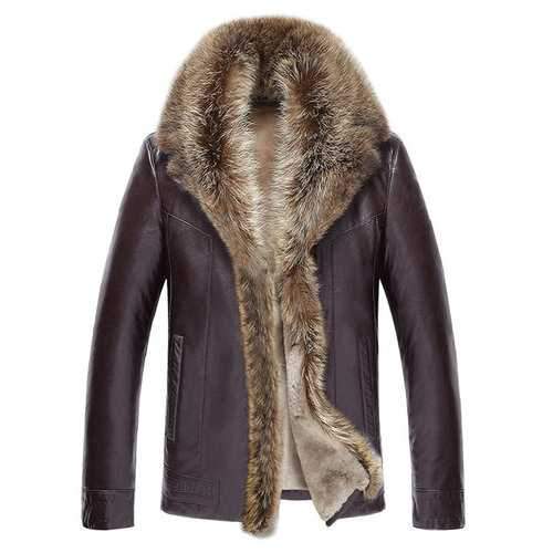 Mens Real Raccoon Fur Mid-long Sheepskin Coat