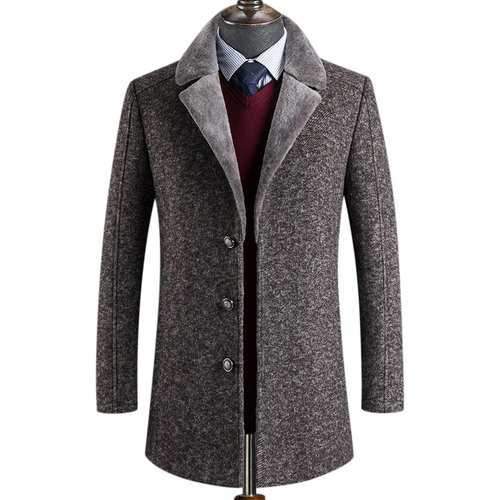 Mens MidLong Casual Business Fur Lapel Collar Trench Coat