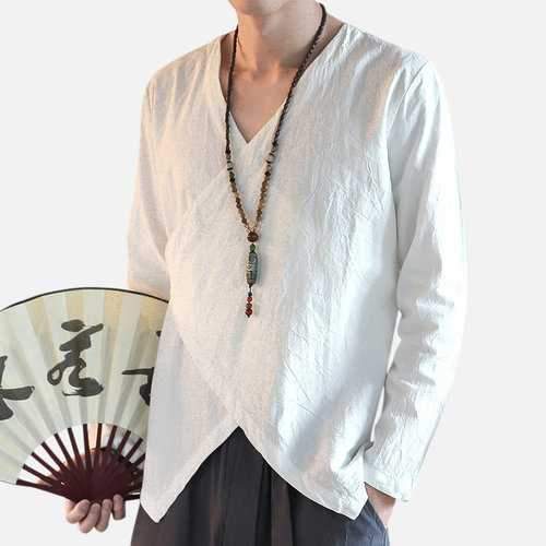 Mens Casual Chinese Style Antique Long-sleeved T-shirt