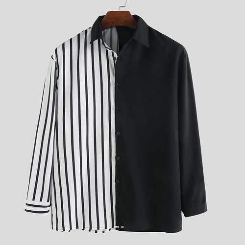 Mens Stripe Hit Color Patchwork Shirts