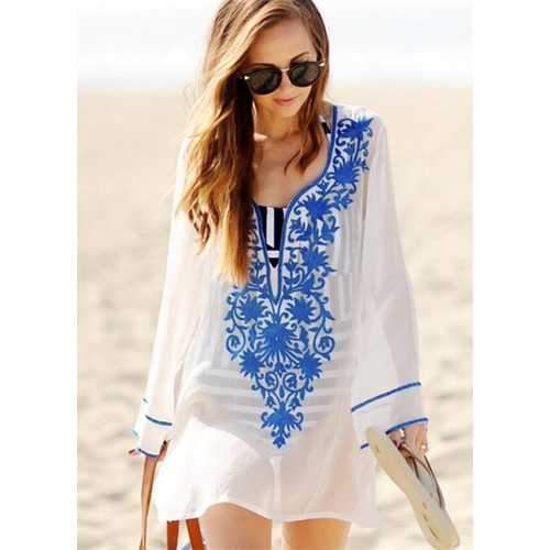 2017 Women's Embroidery Long Sleeve Pompom Beach Cover up Tunic Dress Blue