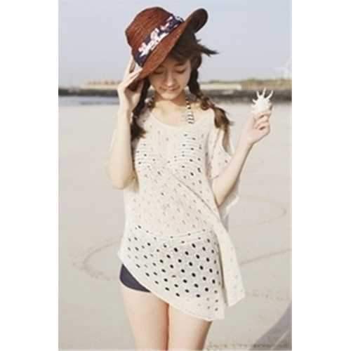 Cotton Off-shoulder Short-sleeve Holes Beach Knitwear White