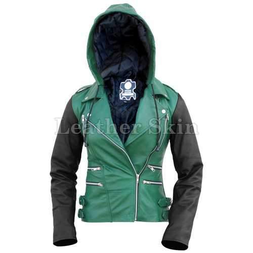 Women Hood Green Leather Jacket