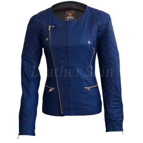 Women Blue Leather Jacket