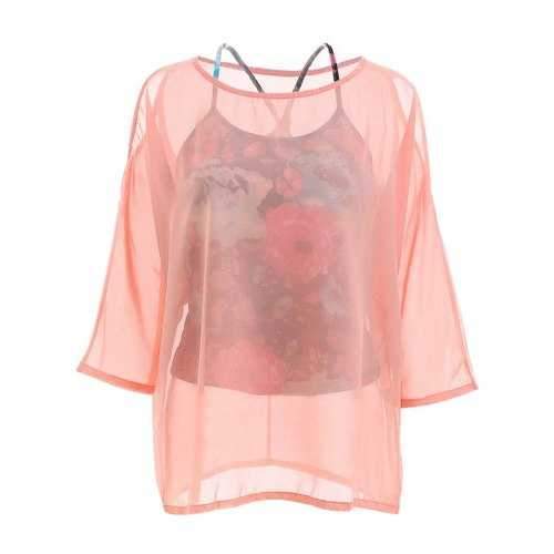 Elegant Off-The-Shoulder Long Sleeve Chiffon Blouse + Floral Print Vest Women's Twinset - Pink One Size