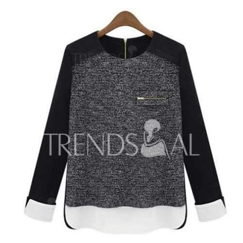 Vintage Round Collar Three Colors Matching Long Sleeves Womne's Blouse - Black And Grey L