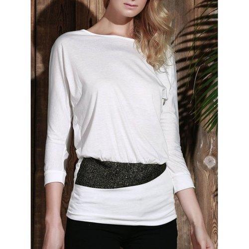 Long Sleeve Sequin Embellished Packet Buttock Cotton Blend T-Shirt - White One Size