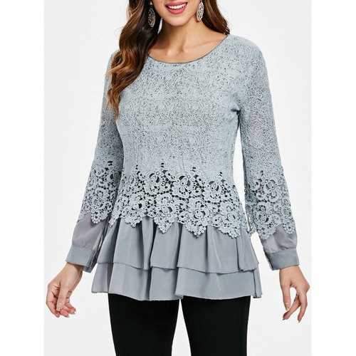 Long Sleeves Lace Panel Top - Gray M